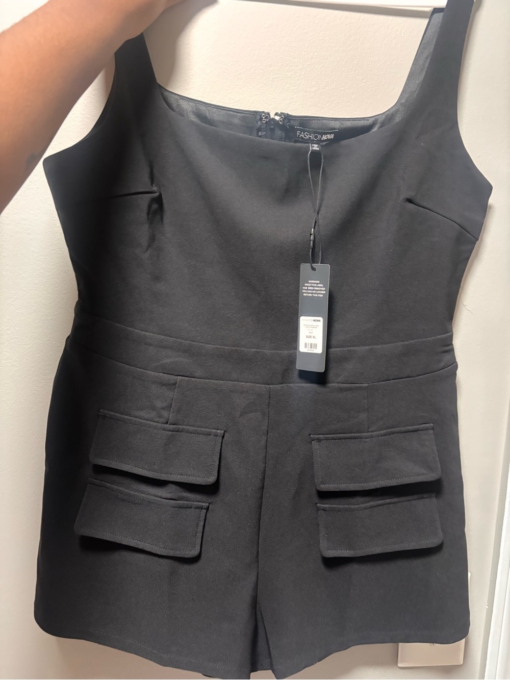 Fashion Nova Black Square Neck Cargo Pocket Romper - Picture 5 of 6